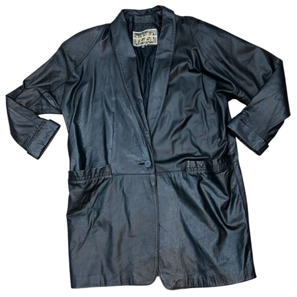 Izzi Womens VTG Leather Trench Coat Size M Black Film Noir Mafia - Picture 1 of 8